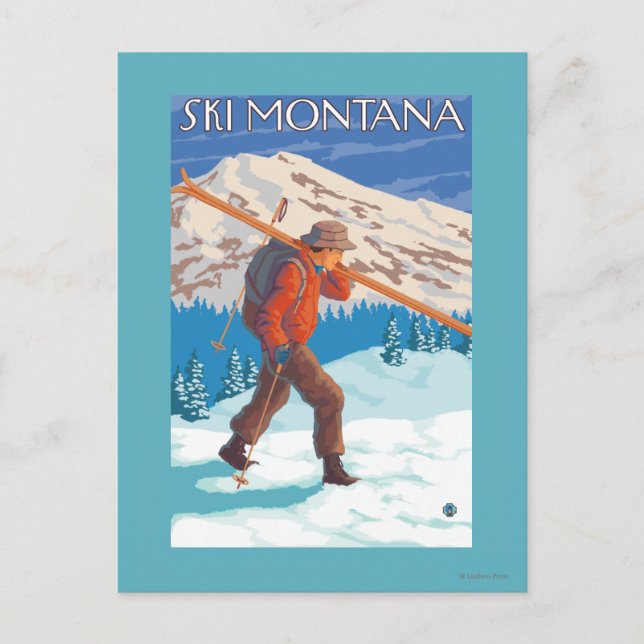 Carte Postale Skier transportant ski de neige - Montana (Devant)