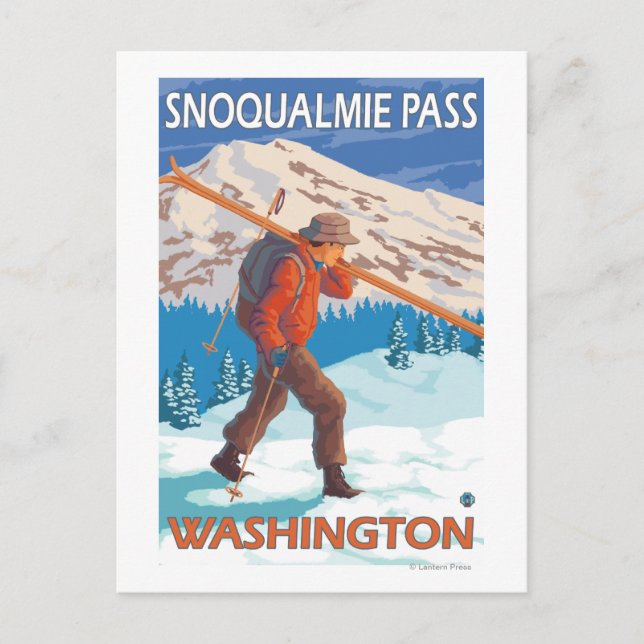Carte Postale Skier transportant ski de neige - Snoqualmie Pass, (Devant)