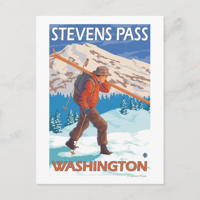 Carte Postale Skier transportant ski de neige - Stevens Pass, WA (Devant)