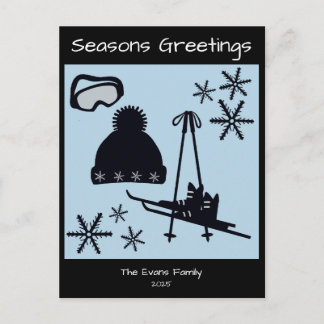 Carte Postale Skis, hat, goggles & snowflakes holiday