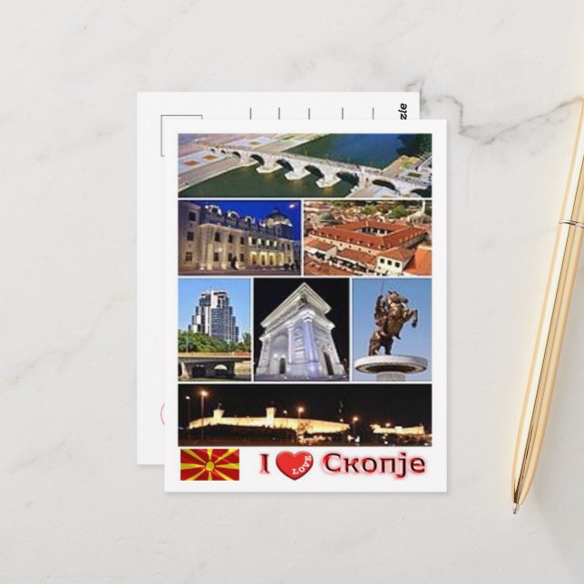 Carte Postale Skopje - Macédoine - J'aime - (Devant/Arrière en situation)