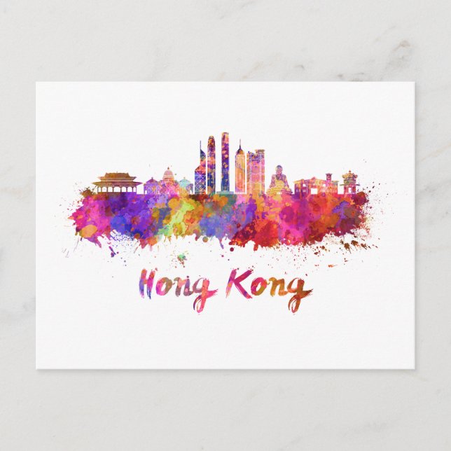 Carte Postale Skyline Hong Kong V2 en aquarelle (Devant)