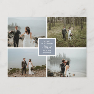 Carte Postale Slate Blue Elegant Photo Collage Joyeux & Marié