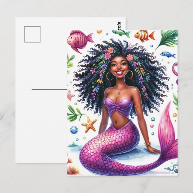 Carte Postale Smiling Dark-Skinned Mermaid With Pink Tail (Devant / Derrière)