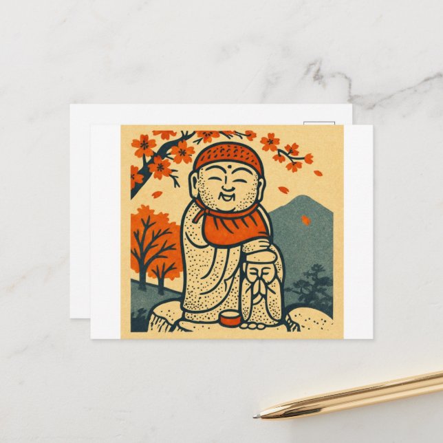 Carte Postale Smiling Jizo Guardian  – Japanese Folk Art  (Devant/Arrière en situation)