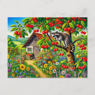 Carte Postale Snacking de Raccoon sur cerises dans l'ancien ceri