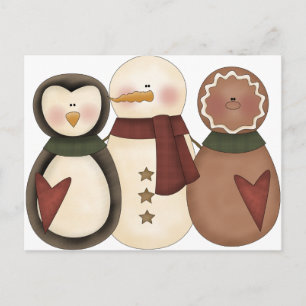 Carte Postale Snowman amis en pain d'épices homme, manchot