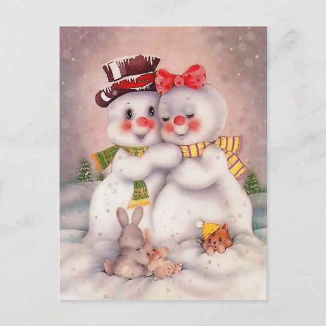 Carte Postale Snowman amoureux couple, accueil de vacances vinta (Devant)