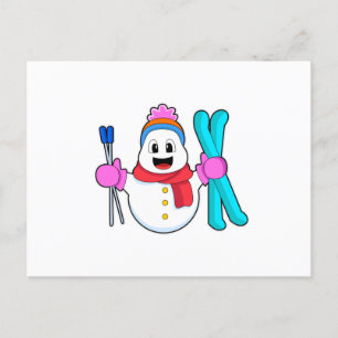 Carte Postale Snowman comme skieur avec ski