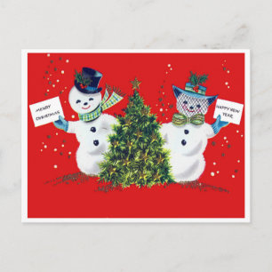 Carte Postale Snowman couple et sapin de Noël, vintage