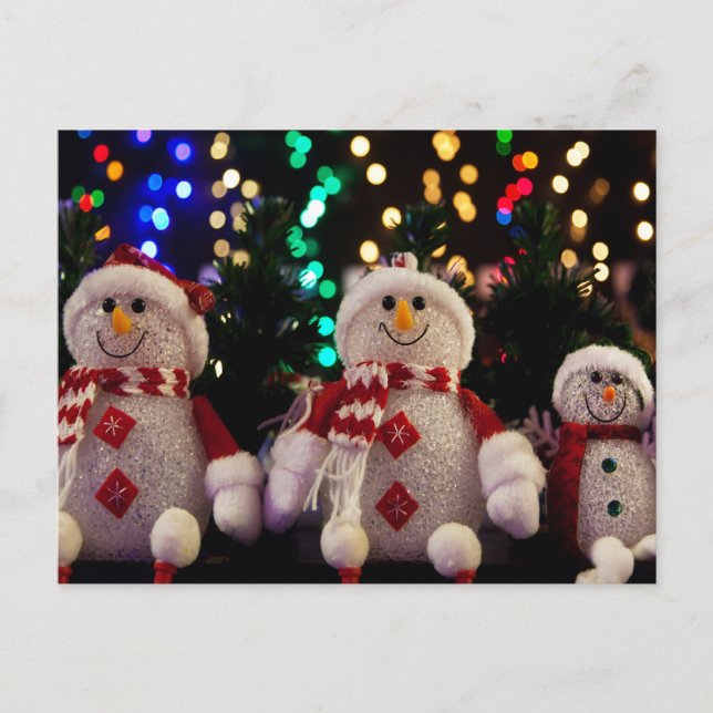Carte Postale Snowman et ornements de famille sur arbre (Devant)