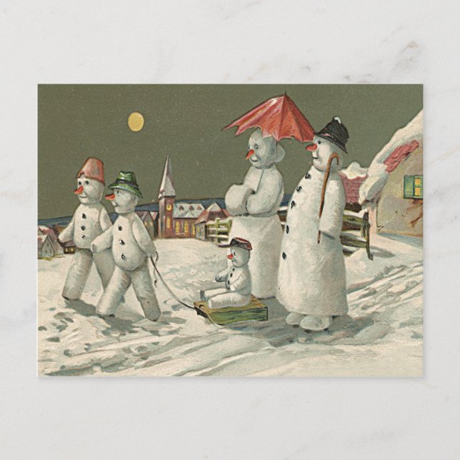 Carte Postale Snowman Family Winter Jouer Eglise de neige (Devant)