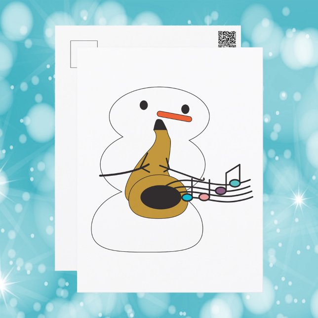 Carte Postale Snowman Jouer Saxophone Notes musicales (A postcard with a snowman playing the saxophone)