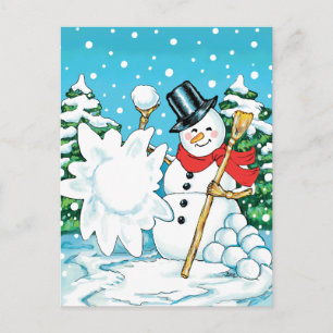 Carte Postale Snowman lance un Snowball Hiver amusant Splat!