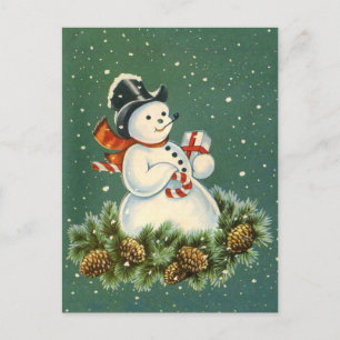 Carte Postale Snowman mignon avec présence sur la couronne de pi