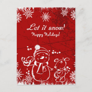Carte Postale Snowman, Oiseau Et Chien Sur Arrière - plan Rouge