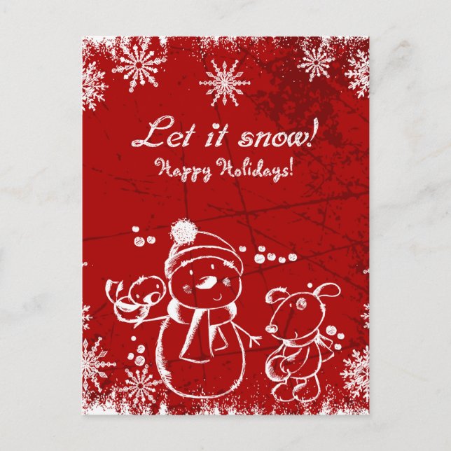 Carte Postale Snowman, Oiseau Et Chien Sur Arrière - plan Rouge (Devant)