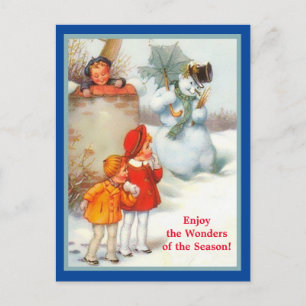 Carte Postale Snowman souriant, Enfants et Parapluie Vintage