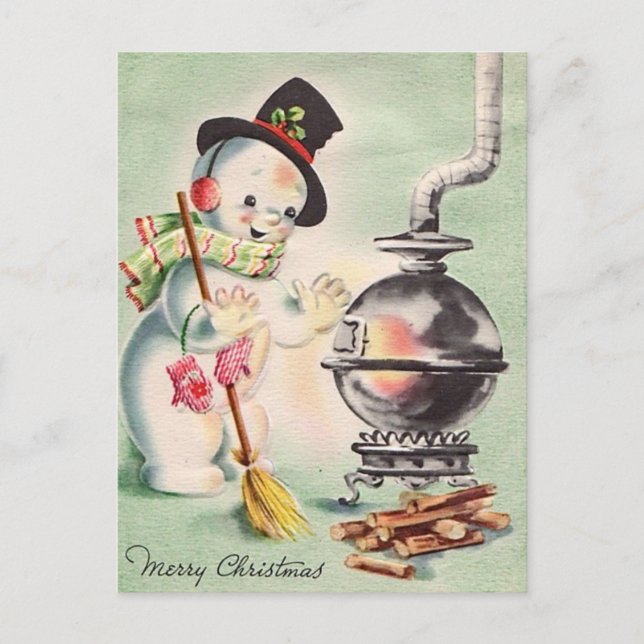 Carte Postale Snowman vintage Par La Poêle À Bois (Devant)
