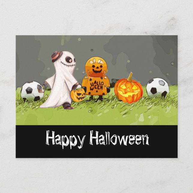 Carte Postale Soccer Happy Halloween avec des boules sur herbe v (Devant)