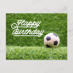 Carte Postale Soccer Joyeux Anniversaire avec balle sur herbe ve