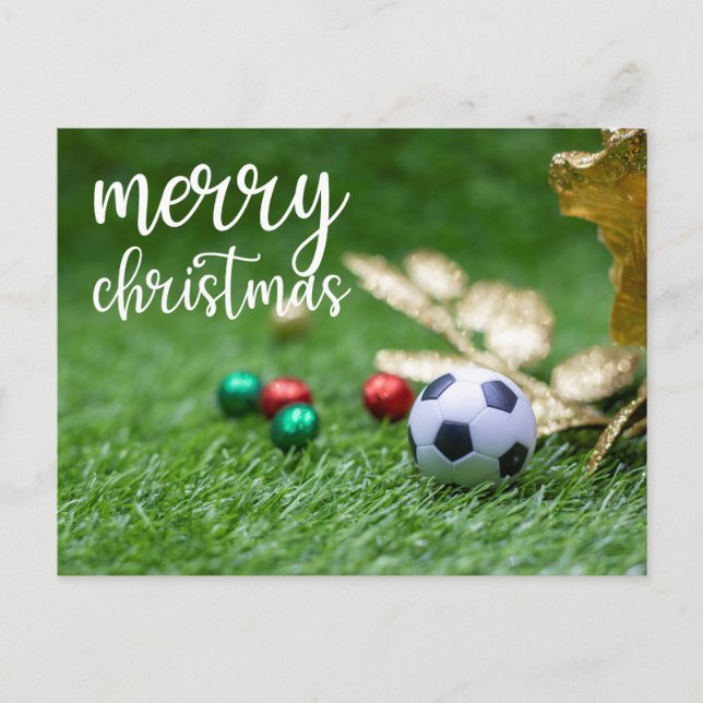 Carte Postale Soccer Noël Vacances avec balle sur herbe verte (Devant)