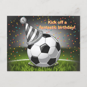 Carte Postale soccerball portant casquette d'anniversaire confet