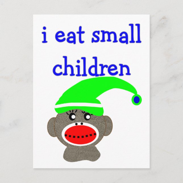 Carte Postale Sock Monkey "I MANGE PETITS ENFANTS" (Devant)