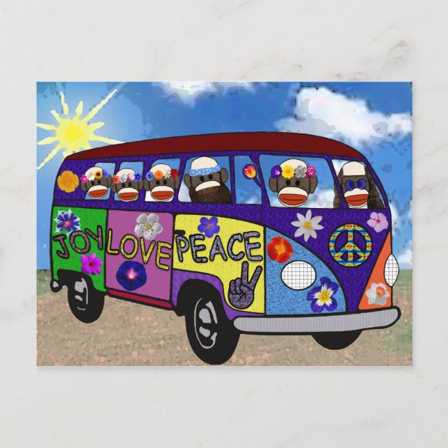 Carte Postale Sock Monkey Peace Bus 2 (Devant)