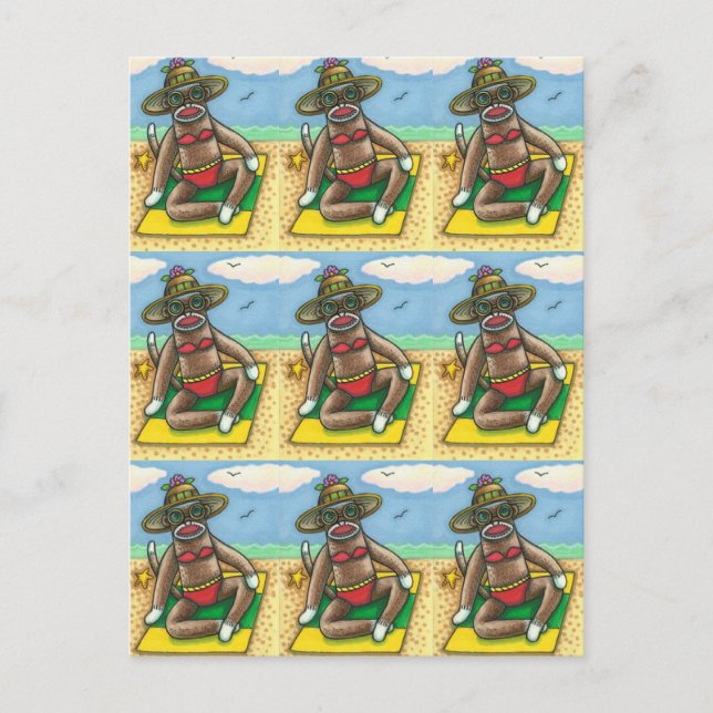 Carte Postale SOCK MONKEY RED BIKINI, AU CARTOON DE PLAGE Drôle (Devant)
