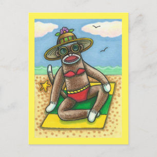 Carte Postale SOCK MONKEY RED BIKINI, AU CARTOON DE PLAGE Drôle