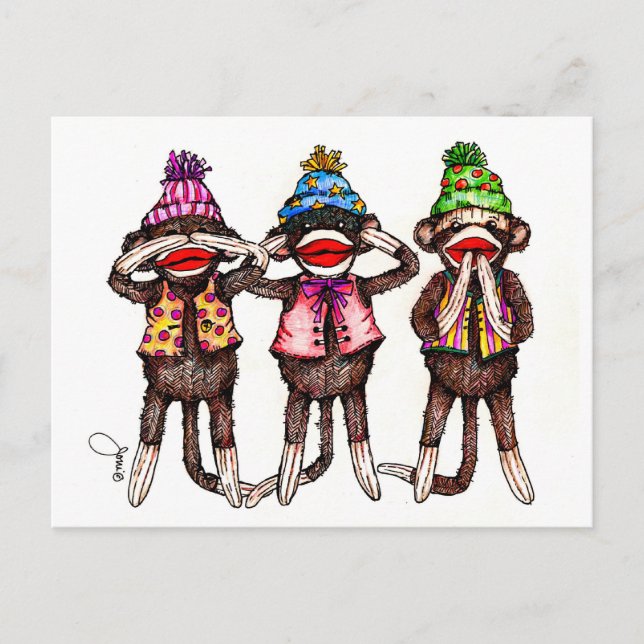 Carte Postale Sock Monkeys-Voir, Entendre, Parler Pas De Mal (Devant)