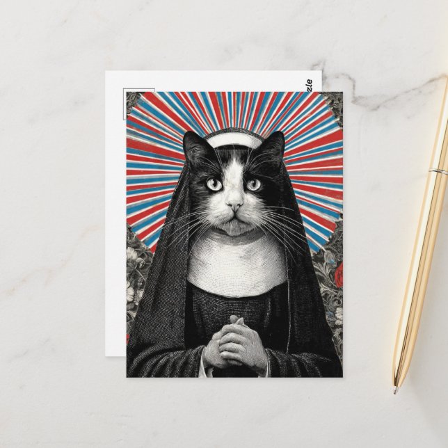 Carte Postale Sœur Kitty unique la nonne chat (Devant/Arrière en situation)