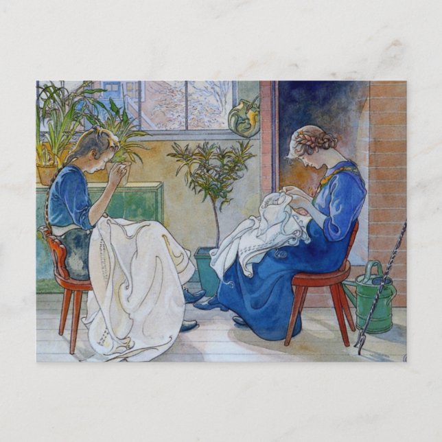 Carte Postale Soeurs coudre près de la cheminée (Devant)