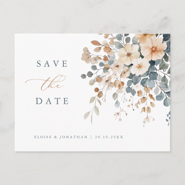 Carte Postale Soft Muted Earthy Tone Floral Enregistrer la date (Devant)