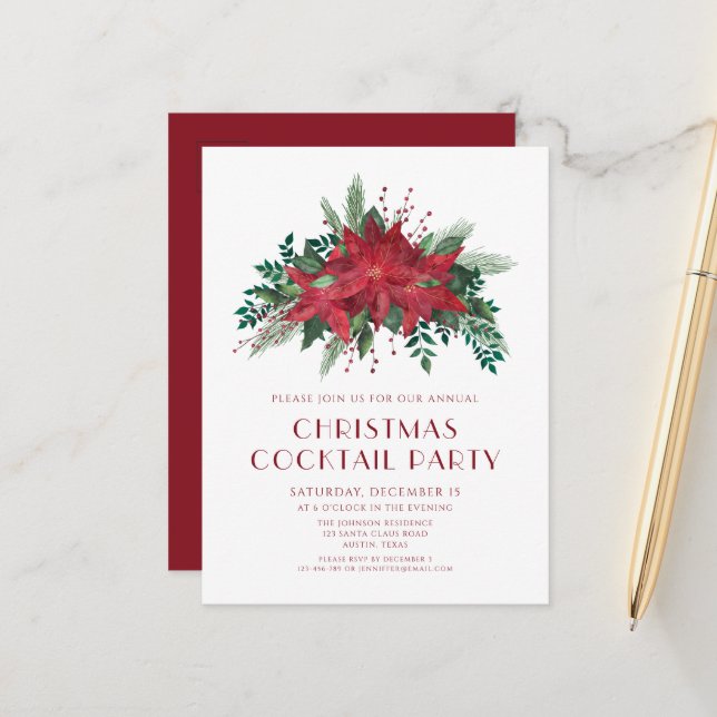 Carte Postale Soirée Cocktail de Noël Elégant Rouge Poinsettia (Devant/Arrière en situation)