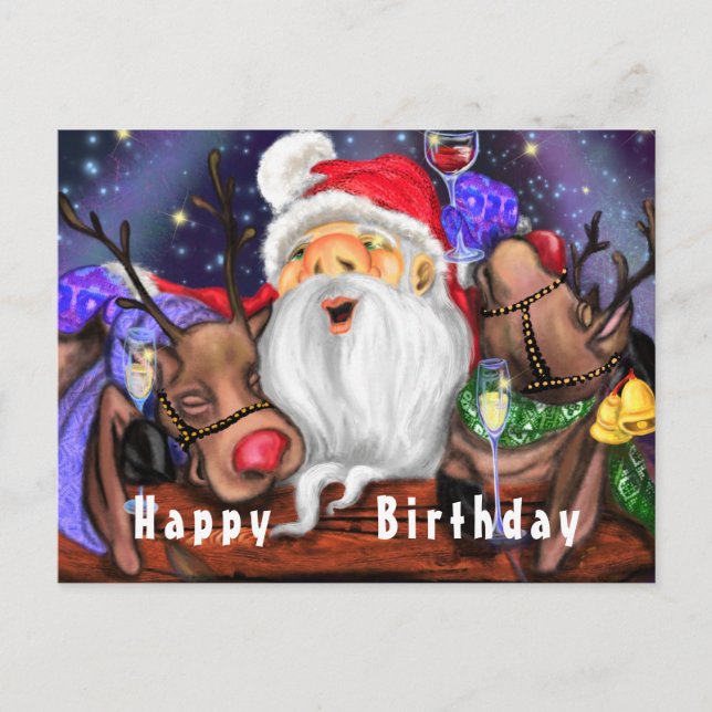 Carte Postale Soirée d'anniversaire de Père Noël et Reindeers -  (Devant)