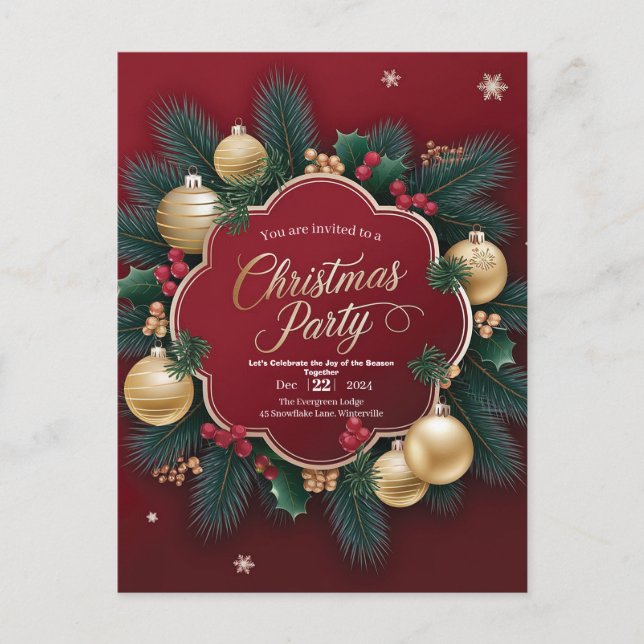 Carte Postale Soirée de Noël élégante avec ornements festifs (Devant)