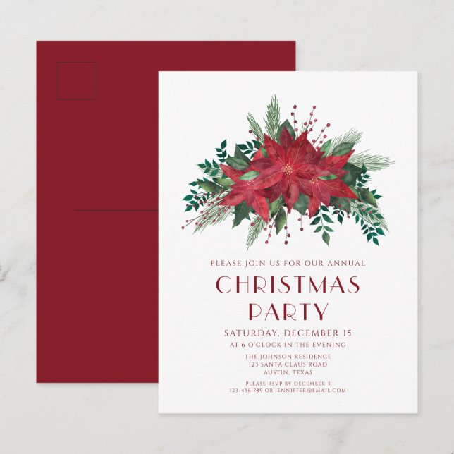 Carte Postale Soirée de Noël Elégante Rouge Floral Poinsettia (Devant / Derrière)