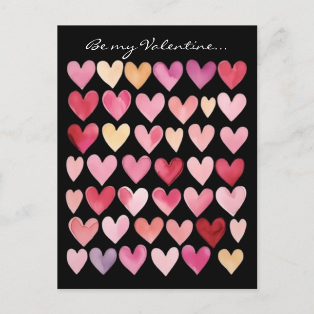 Carte Postale Sois mon Valentin - Cœurs rouges, roses et jaunes  (Devant)