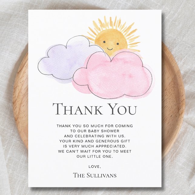 Carte Postale Soleil et nuages Merci Baby shower de fille (Créateur téléchargé)