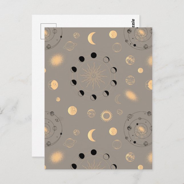 Carte Postale Soleil étoiles lune phases planètes or noir sur br (Devant / Derrière)