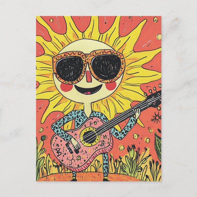 Carte Postale Soleil joyeux Jouer de la guitare en chemise bleue (Devant)