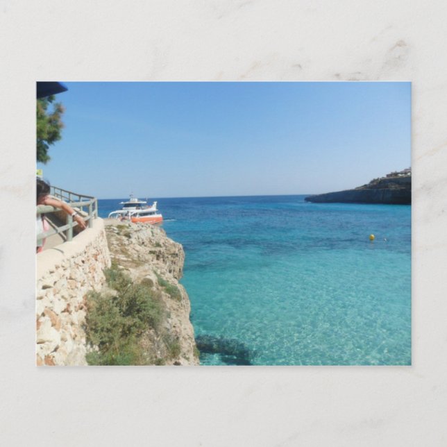 Carte Postale Soleil, mer et petit bateau orange (Devant)