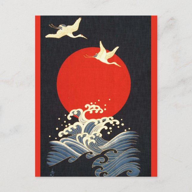 CARTE POSTALE SOLEIL ROUGE ,GRUES VOLANTS JAPONAIS,VAGUES DE MER (Devant)