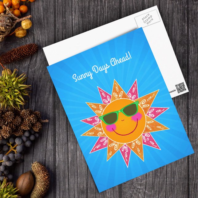 Carte Postale Soleil souriant avec lunettes Orange Rayons roses  (Bright smiling orange sun fancy pink orange rays with scrolls on vibrant blue Sunny Days postcard.)