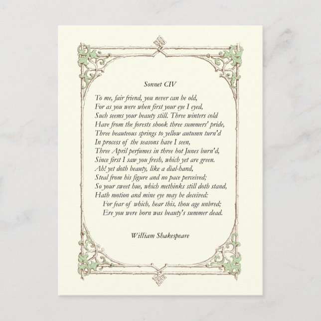Carte Postale Sonnet # 104 par William Shakespeare (Devant)