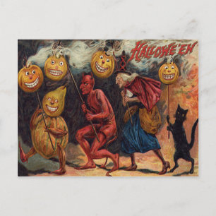 Carte Postale Sorcier Diable Chat Noir Citrouille
