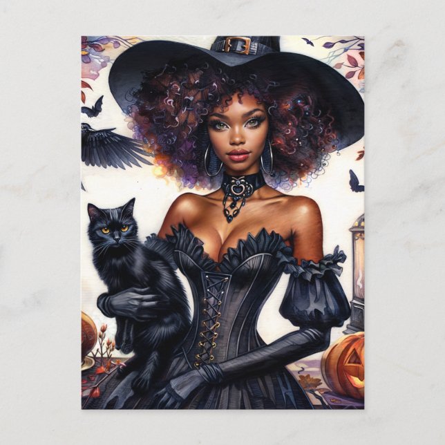 Carte Postale Sorcière afro-américaine avec Halloween de chat no (Devant)