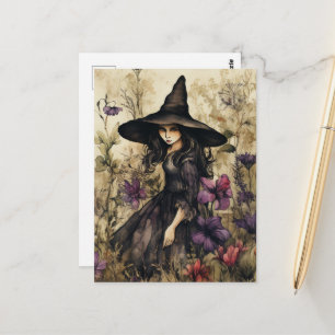 Carte Postale Sorcière Aquarelle Avec Fleurs